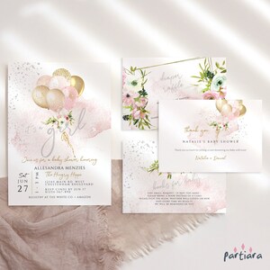 Ensemble d'invitations à une fête de naissance modifiable pour filles avec remerciements, tombola de couches, modèles de livres pour bébé, ballons roses bohèmes P344