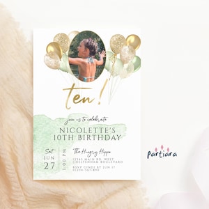 10. Geburtstagseinladung Sage Green Printable, Gold Ten Party einladen, Bild Foto Karte Junge Mädchen Bearbeitbare Vorlage, Digital Download P232