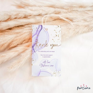 Lila Geburtstag Dankeschön Anhänger zum Ausdrucken, Girl Favor Geschenkanhänger Vorlage, Damen 40 50 60 Jahre Dinner Party. Etiketten, Flieder Gold Editable P300