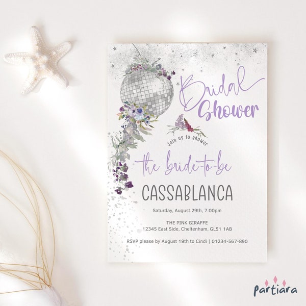 Editable Bridal Disco Invite Template Last Disco From Miss to Mrs Bridal Shower Invitation Printable Purple Silver Floral Download P659