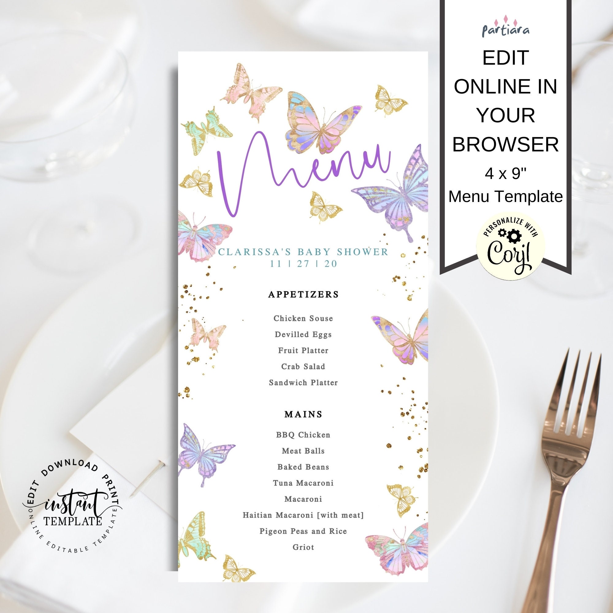 EDITABLE Butterflies Menu Card Template Printable Baby Shower Etsy