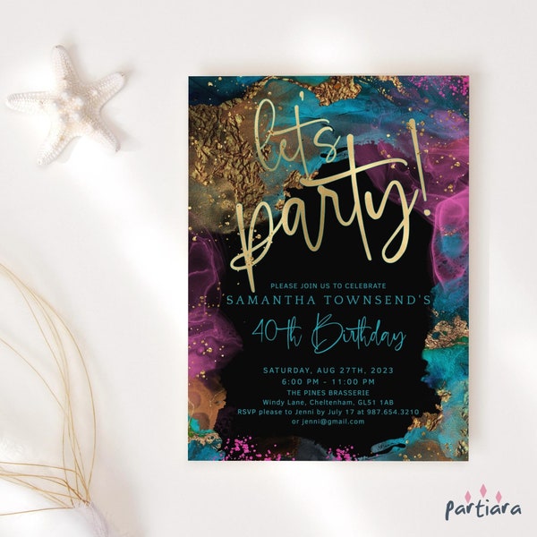 Let's Party Invite Birthday Invitations Purple Teal Hot Pink Gold Dinner Drinks Invites Printable Editable Digital Download Template P750