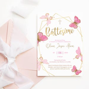 Invito battesimo italiano, invito battesimo bambina farfalla e primo compleanno stampabile, decorazione oro rosa, download digitale modificabile P144