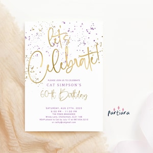 Lets Celebrate Invitation, Birthday Party Invite Template, Milestone Events Card Printable, Men or Ladies All White Gold Decor Editable P493