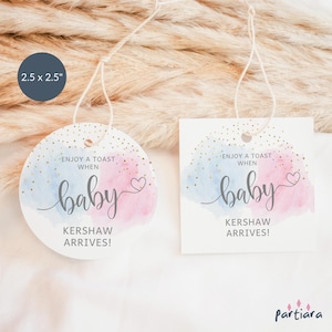Étiquettes de révélation de sexe, modèle d'étiquette cadeau autocollant, bleu rose pastel garçon fille baby shower étiquettes imprimables modifiables en téléchargement P16