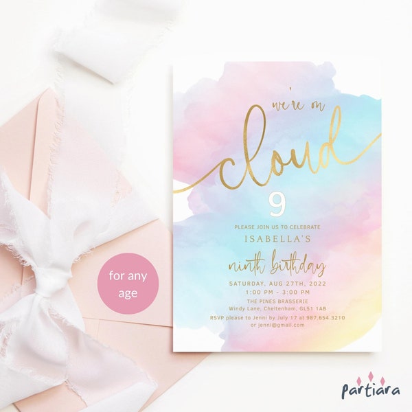 Pastel Rainbow Cloud Birthday Invitation Printable Girl's Sky and Clouds 9th Birthday Party Invite Editable Download Template P179