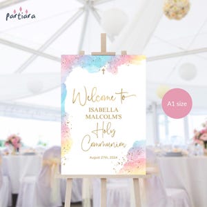 Communion Welcome Sign, Girls First Holy Communion Party Welcome Poster Board Printable, Pastel Rainbow Decor, Editable A1 Template P179