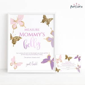 Juego de baby shower con mariposas, ¿qué tan grande es la barriga de mamá? Juego de letreros, decoración y tarjetas de notas, juego de adivinanzas, plantilla editable, bricolaje, descarga imprimible P6