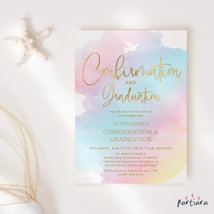Konfirmation und Abschlussfeier Einladungsvorlage, Mädchen Pastell Regenbogen Theme Party Laden Druckbare Bearbeitbare Digital Download Karte P179 ein