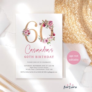 Editable 60th Birthday Invitation Ladies Surprise Dinner Party Invite Brunch Lunch Garden Tea Party Floral Roses Printable Download P195