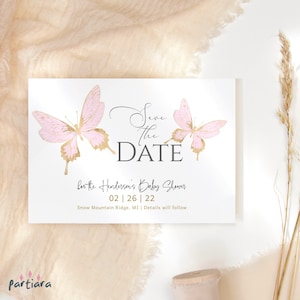 Vlinder Save the Date Card meisje babyshower vlinders nieuwe baby aankondiging bewerkbare sjabloon, doop of doop, bruids bruiloft P6