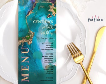Modèle de carte de menu violet émeraude modifiable anniversaire dames dîner fête Table menus imprimable plage thème bleu sarcelle or téléchargement numérique P308