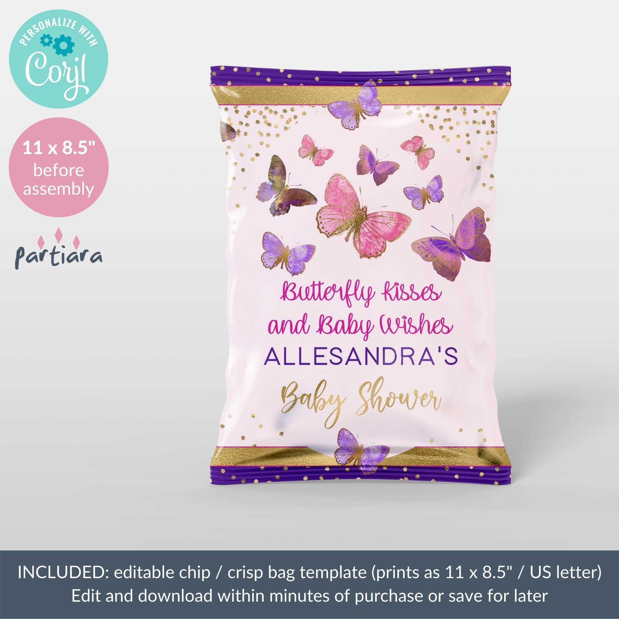 Editable Butterfly Chip Bag Girl Baby Shower Driveby Party Etsy