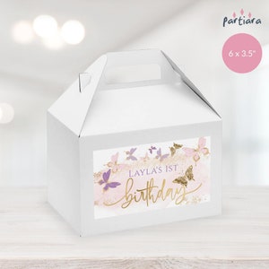 Butterfly Birthday Label, Party Gift Box Gable Labels Printable, Girl 1st Birthday Pink Lilac Favor Packaging, Editable Download P345