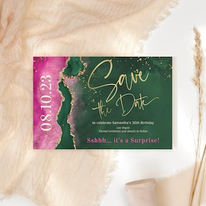 Rosa Grün Save the Date Card Damen Geburtstag Überraschung Dinner Party Ankündigung Karten Printable Fuchsia Smaragd Golddekor Bearbeitbar P700