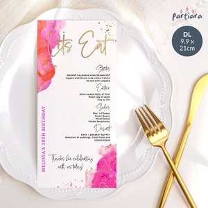 Szablon menu na przyjęcie urodzinowe dla kobiet w kolorze gorącego różu i pomarańczy, karta dekoracyjna na tropikalny brunch, lunch i kolację, edytowalna cyfrowa wersja do pobrania P200