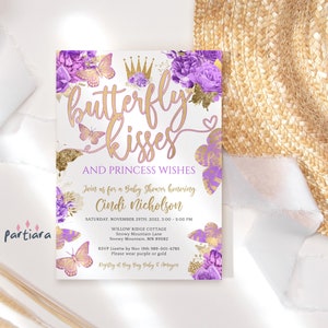 Vlinder babyshower kussen uitnodigingssjabloon, bloemen baby strooi uitnodiging afdrukbare, meisjes paarse lila decorkaart, bewerkbare P36