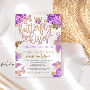 Butterfly Kisses Invite Girl Princess Baby Shower Invitation Printable Purple Gold Butterflies Fairytale Flyer Floral Decor Editable P36