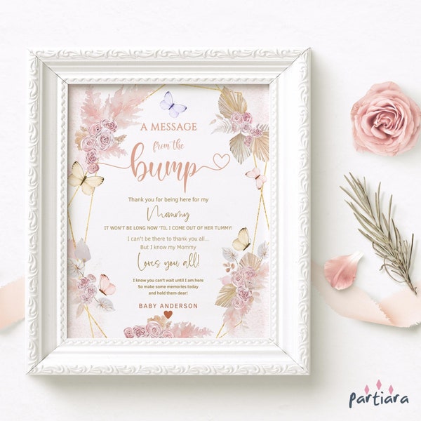 Editable Message from the Bump Bohemian Butterfly Floral Baby Shower Sign Blush Pink Pastel Lilac Gold Table Poster Decor 8x10 Template P171