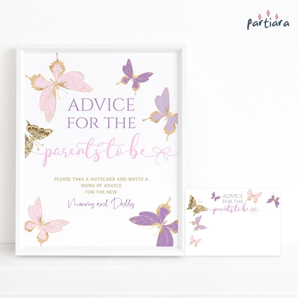 Advice for the Parents to Be Butterfly Baby Shower Party Sign Notecards Printable Girl Editable Blush Pink Lilac Purple Gold Decor P345