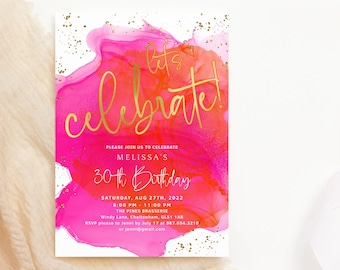 Tropical Brunch Party Invitation Editable Pink Orange Gold Birthday Invite Template Ladies Teens Girls Celebration Printable Download P200