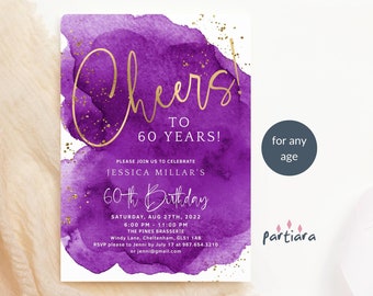 Purple Cheers Birthday Invitation Printable Ladies 60th Party Invite Editable Digital Download Template Royal Purples Gold Decor P281