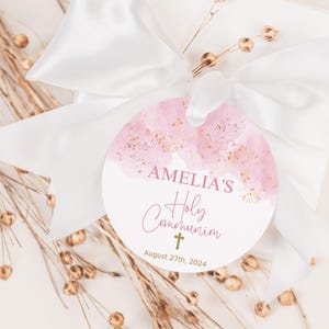 Erstkommunion Geschenkanhänger, Mädchen Party Tasche Favor Labels bedruckbar, Pastell Rosa Gold Heilige Kommunionbevorzugungen Bearbeitbar Digitaler Download P364