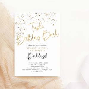 Triple Birthday Invitation, Joint Party Invite Printable, All White Gold Birthday Bash Men Ladies or Kids Multiple Celebration Editable P493