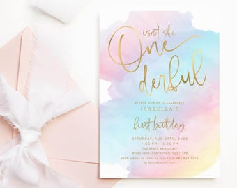 Rainbow 1st Birthday Invitation Printable Girl&#39;s ONEderful Party Invite EDITABLE TEMPLATE Pastel Ombre Pink Lilac Yellow Blue Decor P179