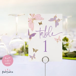 Tarjetas con números para mesa con mariposas, imprimibles, para baby shower de niña, decoración para fiesta de mariposas, descarga digital editable, plantilla rosa y lila P345