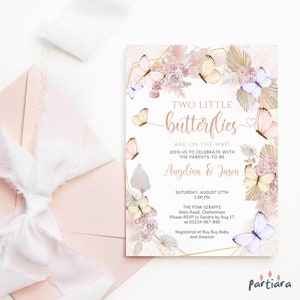 Twin Baby Shower Invitation Butterfly Template, Girls Boho Baby Shower Invite Printable, Pastel Pink Floral Pampas Decor, Editable P171