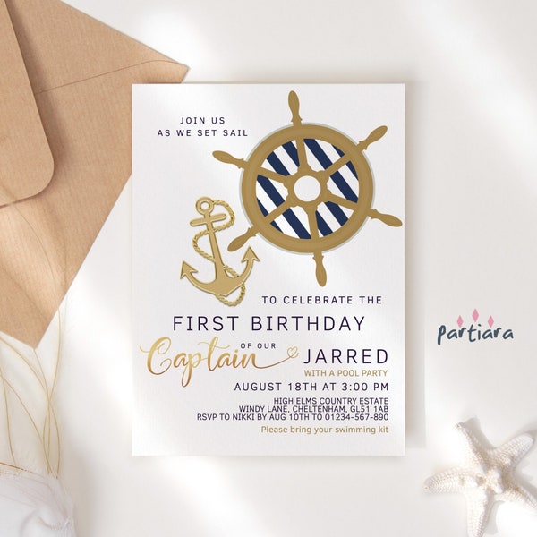 Baby Boy Nautical Invite Baby Shower Party Invitations Boys First Birthday Sailing Party Navy Blue Gold Anchor Decor Printable Download P104