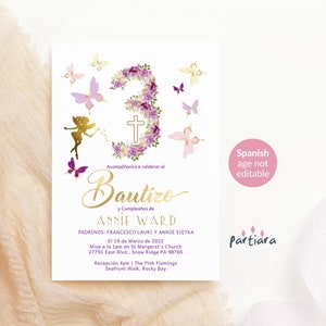 Modelo de convite de batismo de 3º aniversário em espanhol, convite para festa de fadas para meninas para impressão, decoração de borboletas rosa e roxas, download editável P276