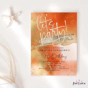 Modèle d'Invitation de fête orange, permet de faire la fête d'anniversaire, invitation imprimable, brunch d'été, carte d'invitation pour femme, téléchargement numérique modifiable P417