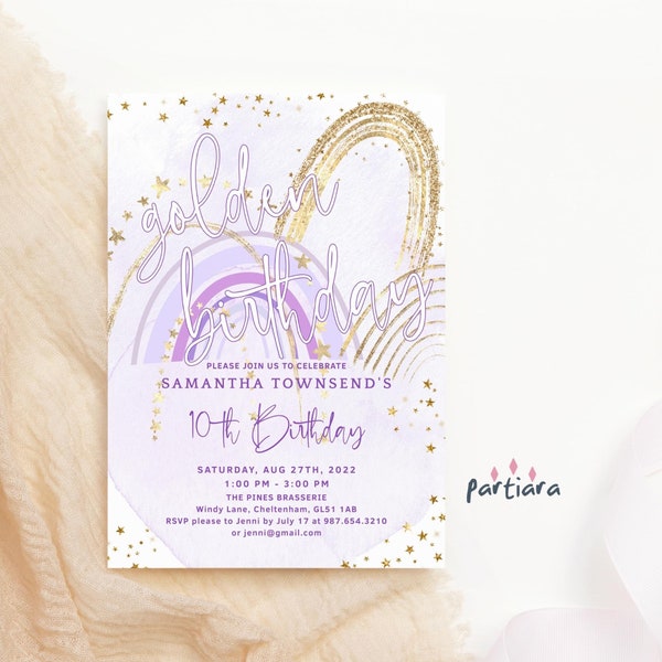 Golden Birthday Invitation Girl Printable Purple Gold Rainbow Editable Lucky Party Invite Template Digital Download P249 P136