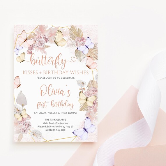 Butterfly Invitation Editable Template: Girls Birthday Boho Floral Pastel (Digital Download) P171