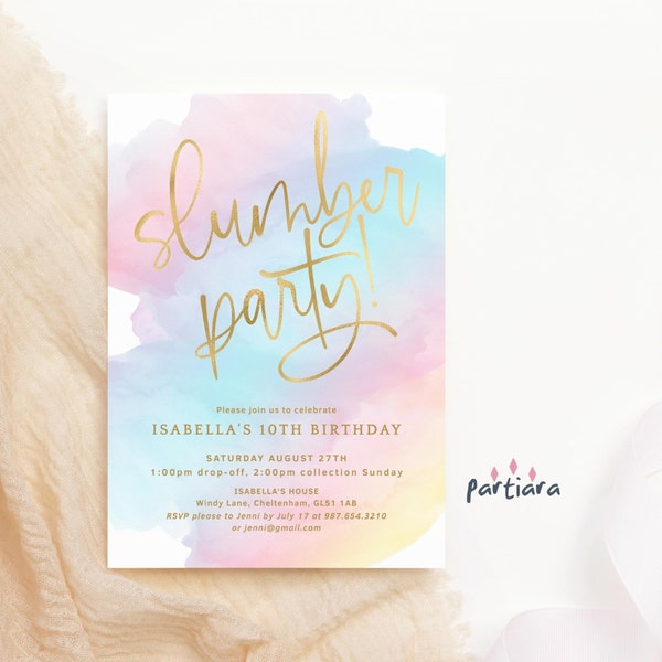 Pastel Rainbow Slumber Party Printable Girls Teens Sleepover Birthday Pamper Makeup Party Invite Editable Digital Download Template P179