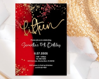 Black and Red 15th Birthday Invitation Template: Girls Dinner Party Invite Printable Download P216