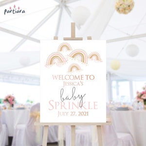 Boho Baby Sprinkle Welcome Sign, Rainbow Baby Shower Party Welcome Poster Printable for Girls, Pastel Pink Decor, Editable Download P136