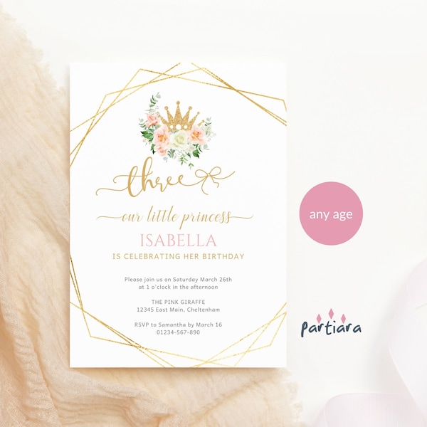 Editable Princess Invite Template Girl Gold Tiara Floral Fairytale Invitation Printable Peach Cream Gold Roses Digital Download Any Age P74