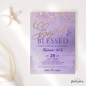 Purple Gold 80th Birthday Invitation Printable Eighty and Blessed Surprise Party Invite Editable Template Digital Download P139 P264