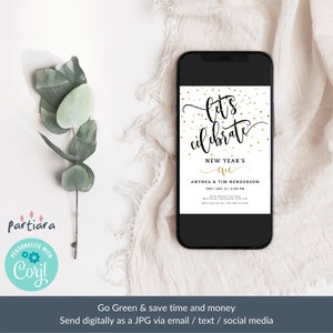 May include: A smartphone displays a digital invitation for a New Year's Eve celebration. The invitation features the words "Let's Celebrate" in elegant script, with gold confetti accents. The invitation includes event details and is set against a white background.