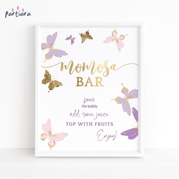 Butterfly Momosa Bar Sign Printable Girl Baby Shower Mimosa Drinks Table Poster Decor Editable Download Template Pink Lilac Gold P6 P345