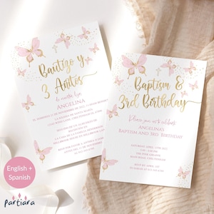 Convite para Batismo de Bebê Menina 3º Aniversário Editável Borboleta Blush Rosa Dourado Espanhol e Inglês Convite para Festa Dupla Face Imprimível P293