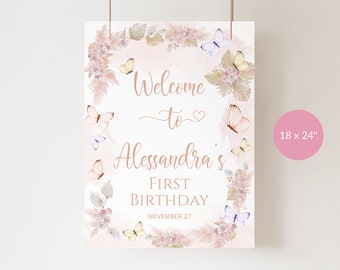 Welcome Butterfly Sign, First Birthday Butterflies Party Welcome Poster Printable, Girl Baby Shower Pastel Pink Welcome Board, Editable P171