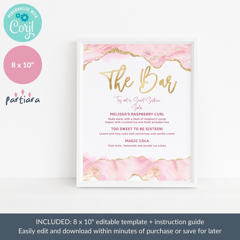 Pink Gold Birthday Bar Sign Printable, Ladies Dinner Party Table Poster ...