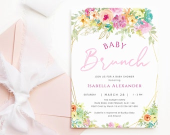 Pastel Floral Baby Brunch Invitation Girl Printable Rainbow Party Invite Editable Digital Download Template Pink Peach Yellow Gold P66 P310