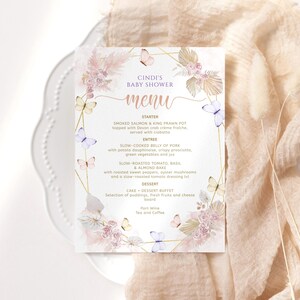 Butterfly Baby Shower Menu Card Template, Girls Boho Birthday Party Menus Printable, Pastel Pink Decor, Editable 4x6 Download P171