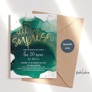 Surprise Birthday Invitation in Spanish, Ladies Dinner Party Invite Template, Emerald Green Gold Decor, Editable Digital Download Card P257