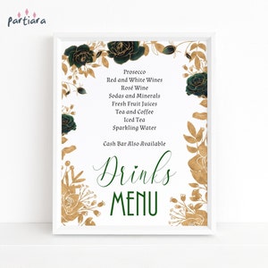 Birthday Drinks Menu Sign Template, Emerald Green Bar Table Menus Printable, Floral Gold Decor, Editable Digital Download Poster P193